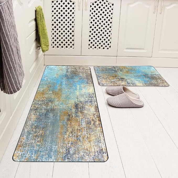 TOMWISH Kitchen Rugs Brown and Blue Set of 2 Floor Comfort Mats Non Slip | Washable Kitchen Sink Area Rug Farmhouse Kitchen Floor Mats for in Front of Sink Kitchen Décor Laundry 18"X48"+18"X30"