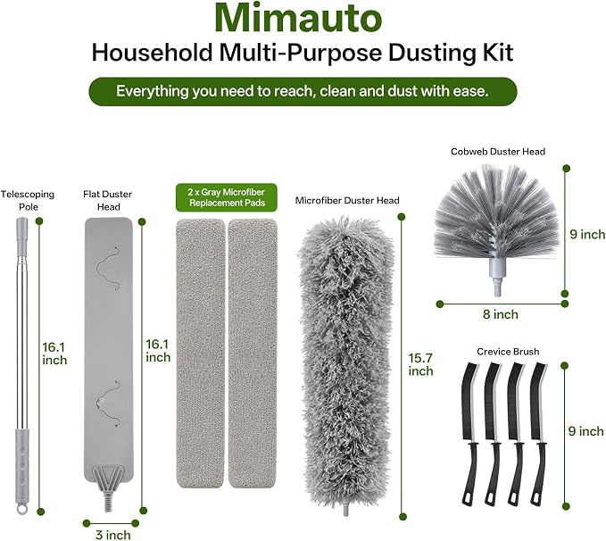 10-Piece Duster with Extension Pole, Cobweb Duster for High Ceiling | Spider web brush and flat gap cleaner for homes, apartments, fans, blinds, walls, furniture, cars and under appliances