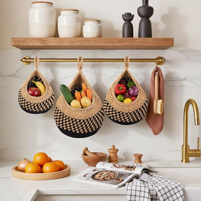 3 Hanging Baskets,Linen with Black,Teardrop,Cotton Rope | Wicker Wall Baskets with Hooks for Fruit Vegetable Onion Storage, Teardrop Organizer for Kitchen, Boho Farmhouse Decor