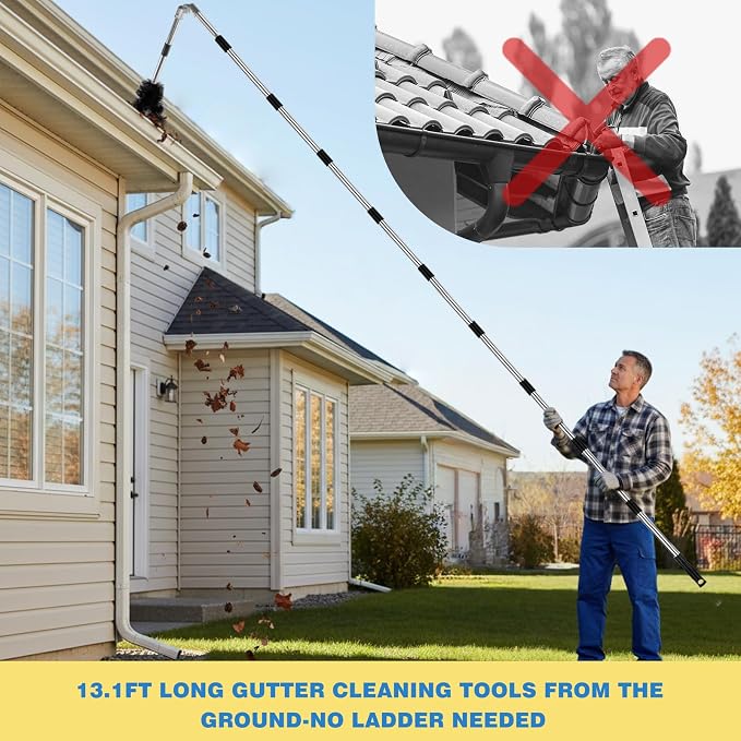 13FT Gutter Cleaning Tool from The Ground No Ladder Needed | Adjustable Length Gutter Cleaner Pole with 180° Pivoting Head, Replaceable Brush & Shovel for Leaves, Debris