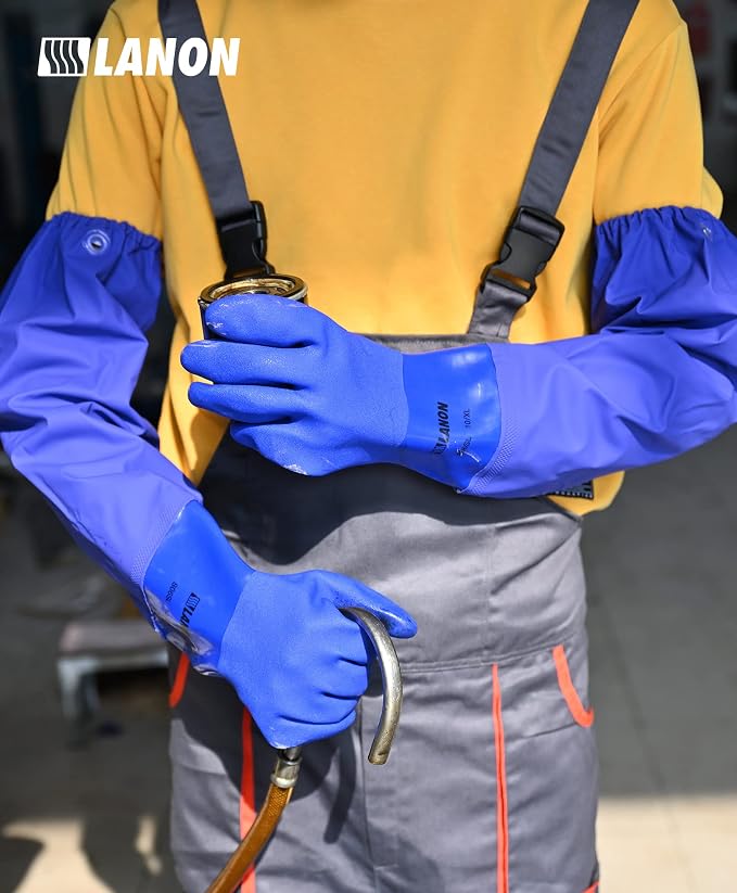 LANON 26" Elbow Length PVC Chemical Resistant Glove,Waterproof,Blue,XLarge | Waterproof,Long Sleeve Work Gloves,Cotton Liner(Excluding Sleeves),Non-Slip Grip,Heavy-Duty,Acid,Alkali & Oil Protection