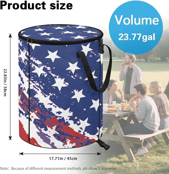24 Gallon Reusable Yard Waster Bag Garden Leaf Bin Collapsible Camping Trash Container Stand-up Waster Bin with Lid and Handles Patriotic American Flag Print