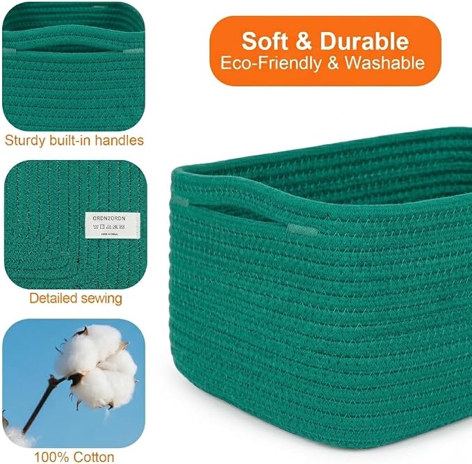 3Pack Small Woven Storage Baskets for Shelves Organizing | Cotton Rope Closet Organizer Bins, Basket for Gifts Empty, Nursery, Living room, Dog Toy Basket 13.2x8.2x5.2 in, Green
