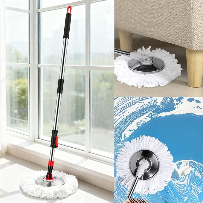 Spin Mop and Bucket with Wringer Set, 360°Rotating Head Mop Bucket System, 3 Replacement Mop Heads for Floor Cleaning (Black & Red) (A mop Head)