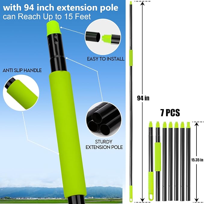 CALBEAU 8 Ft Microfiber Duster with Extension Pole (14 PCS) | 4 Heads for Fan Blade, High Window, Cobweb, Furniture; Safe high-reach cleaning, reaches 15 ft; Dusters for Cleaning