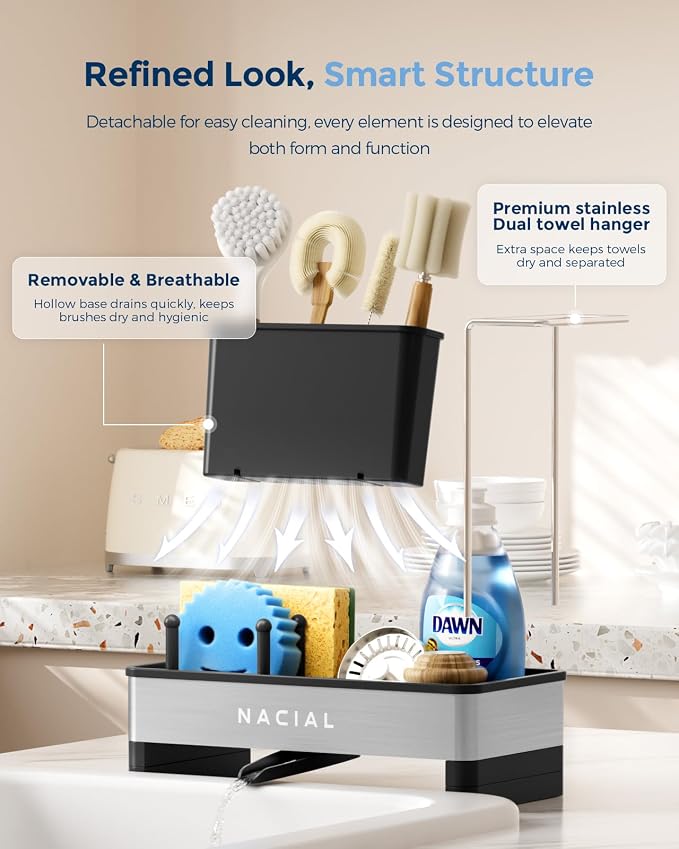 Nacial Kitchen Sink Organizer, Sink Caddy with Sponge & Tall Brush Holder | 304 Stainless Steel Kitchen Countertop Organizer with Double-Bar Towel Holder, Stores Sponge, Brush, Towel & Sink Essentials