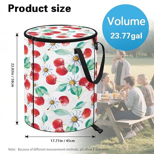 BIGCARJOB Daisy Cherry Foldable Trash Can Outside Waste Basket Bin Water Resistant Garbage Bag Recycling Bin Trash Can with Lid and Clip(23 Gallons), 22.83x17.71 in