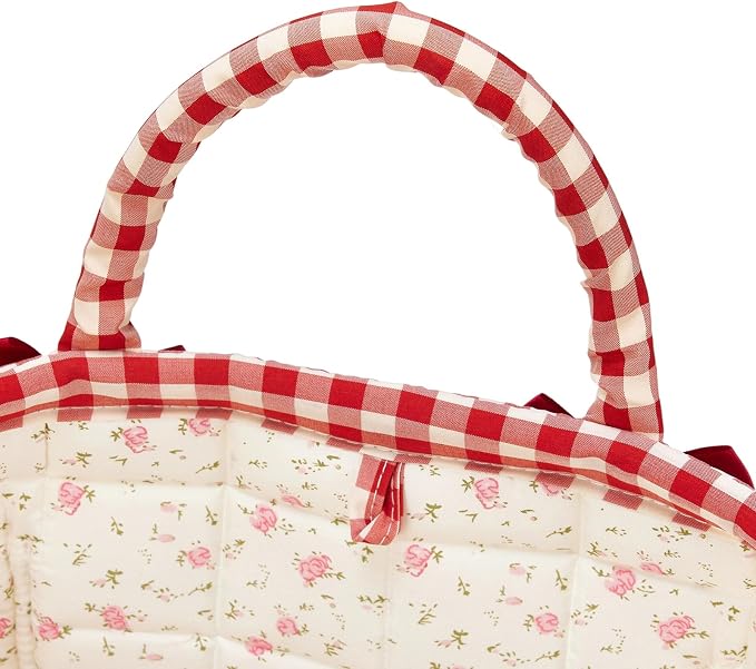 Boho Fabric Storage Basket Quilted Floral Print Baskets Organizer Bin with Handles for Home, Picnic, Shopping (A-Red 1, One Size)