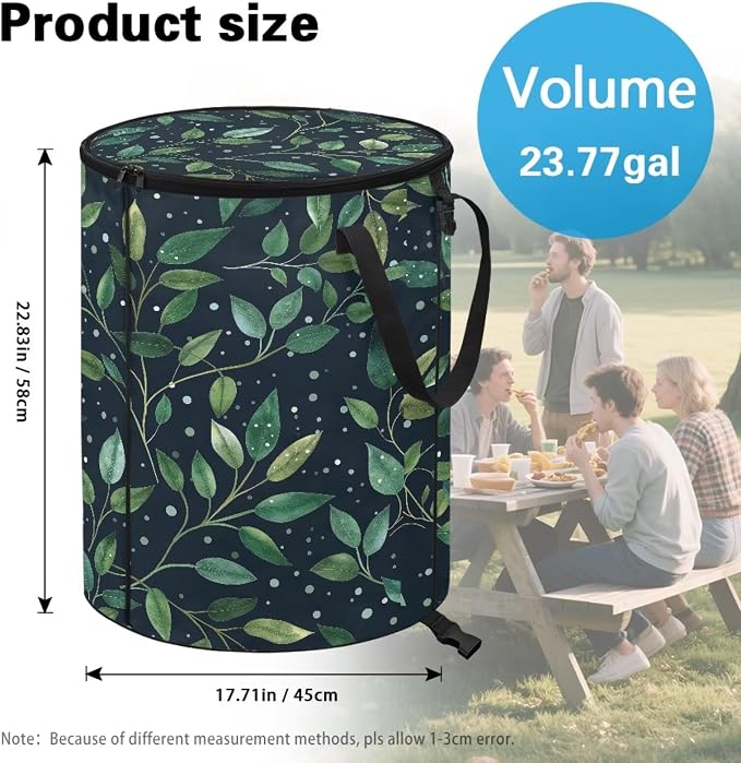 Green Leaf Collapsible Garden Leaf Bin Reusable Container Bag for Yard Waster 24 Gallon Large Capacity Foldable Trash Can with Lid and Handle for Camping Outdoor Picnics