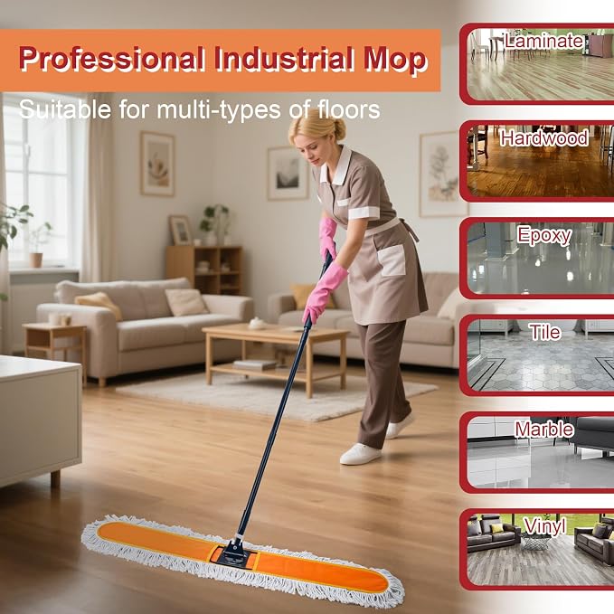48" Commercial Dust Mop, Heavy Duty Floor Duster with 60" Long Handle | Industrial Wet Dry Sweeper Mop with 2 Reusable Mop Pads for Janitor Indoor Warehouse Gym Hotel Clean