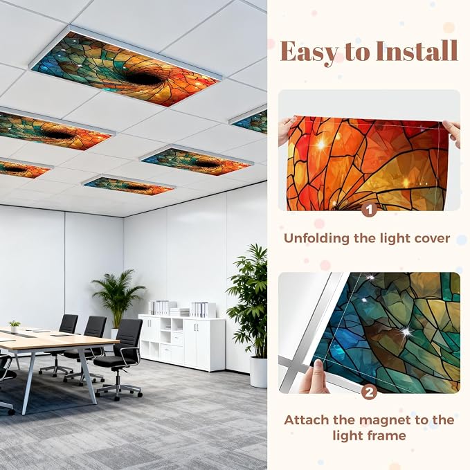 6 Pcs Fluorescent Light Covers for Ceiling Lights Colorful stained glass spiral computer generated abstract 3D rendering Magnetic Decorative Shade Filters 4x2 ft for Classroom Office Hospital Decor