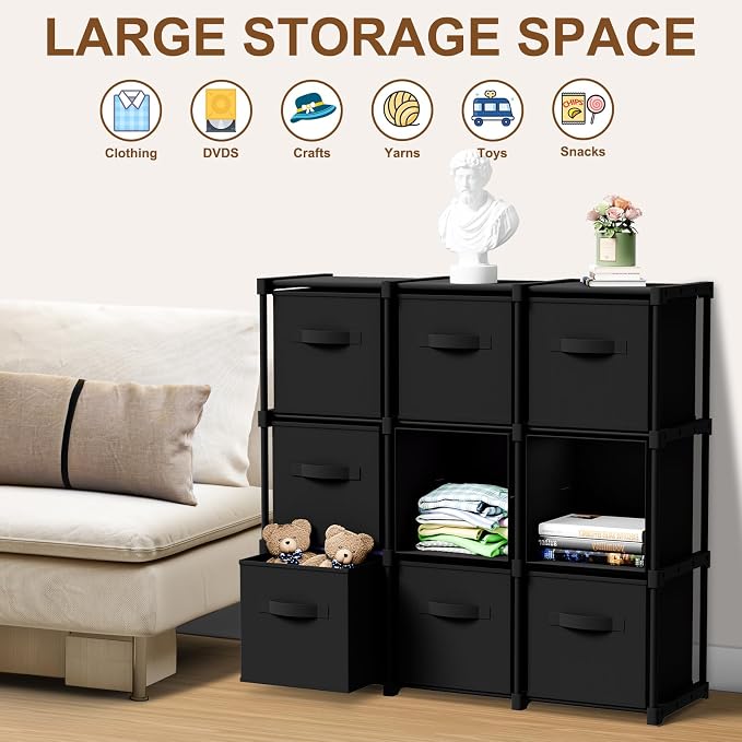Briwooody 9 Cube Storage Organizer Bins with Shelf, Black | 11x11'', Storage Organizer, Toy Storage Box, Back to School, Dorm Organizer, Fabric Drawers, Playroom Bedroom Storage Cabinet