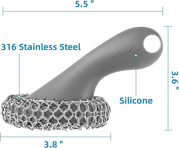SUBEKYU Cast Iron Scrubber with Silicone Handle, Stainless Steel Cast Iron Skillet Cleaner Chainmail Scrubber for Pans, Grey