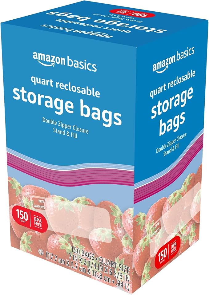 Amazon Basics Reclosable Quart Food Storage Bags with Double Zipper Seal, BPA Free, 150 Count (Pack of 6)