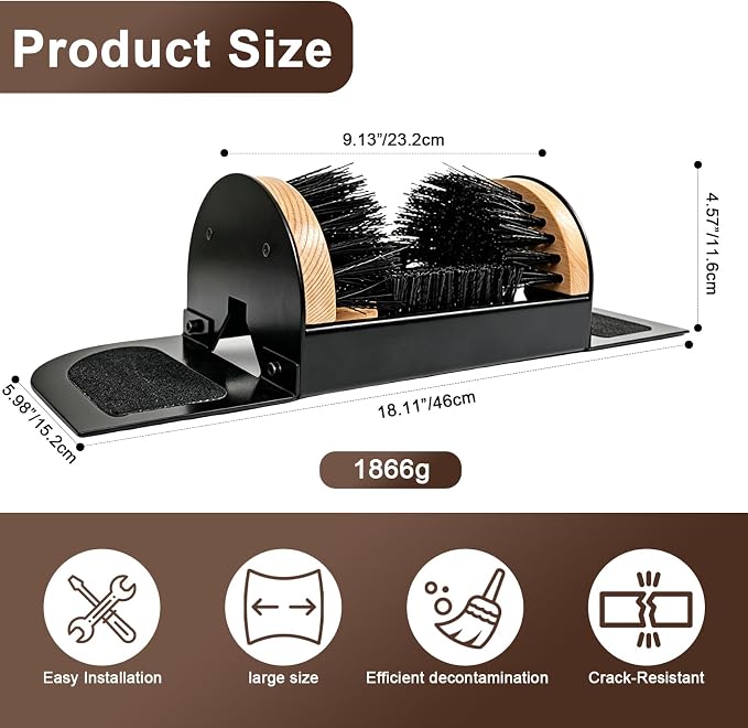 MAXIMILIAN Boot Scraper Outdoor Shoe Brush with Flaps 18.11in/46cm | Metal Frame,Solid Wood Brush Back,Boot Scrubber Cleaning,Heavy-Duty Shoe Cleaner Footwear Cleaning Tool for Mud,Dirt,Snow