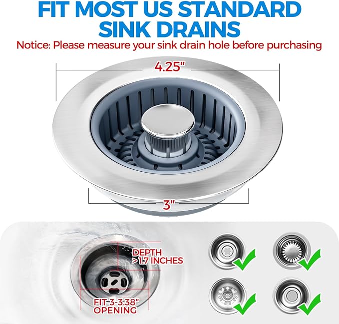 zaa 3 in 1 Kitchen Sink Drain Strainer Stopper Removable Basket Pop-Up | Kitchen Sink Accessories 2 Pack Silver Stainless - Food Catcher, Odor-Blocking Seal, Fits 3.5" Drain, Easy Clean