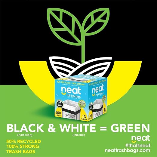 Neat Tall Kitchen 13 Gallon Drawstring Trash Bags - (MEGA 800 Count) - Triple Ply Fortified, Eco-Friendly 50% Recycled Material, Neutralize+ Odor Technology, Reversible Black and White Garbage Bags