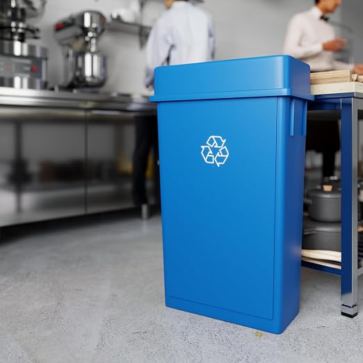 23 Gallon Blue Rectangular Slim Trash Can with Drop Shot Lid | Great for Home, Commercial, or Restaurant Use.