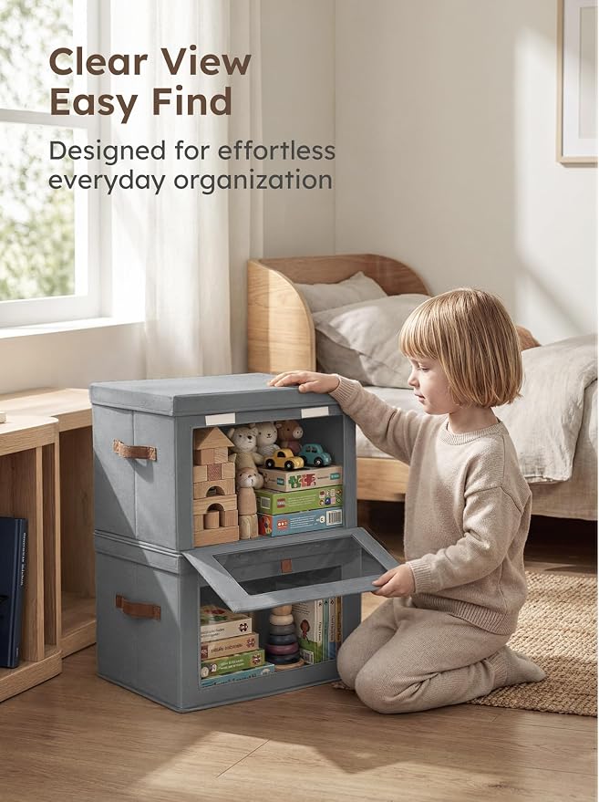 Homsorout Medium Fabric Storage bins - Collapsible Storage Bins with Open Window, 5 Pack Closet Baskets for Shelves, Stackable Decorative Boxes for Home, Dorm, Grey, 13.7"x 9.8" x 9.8"