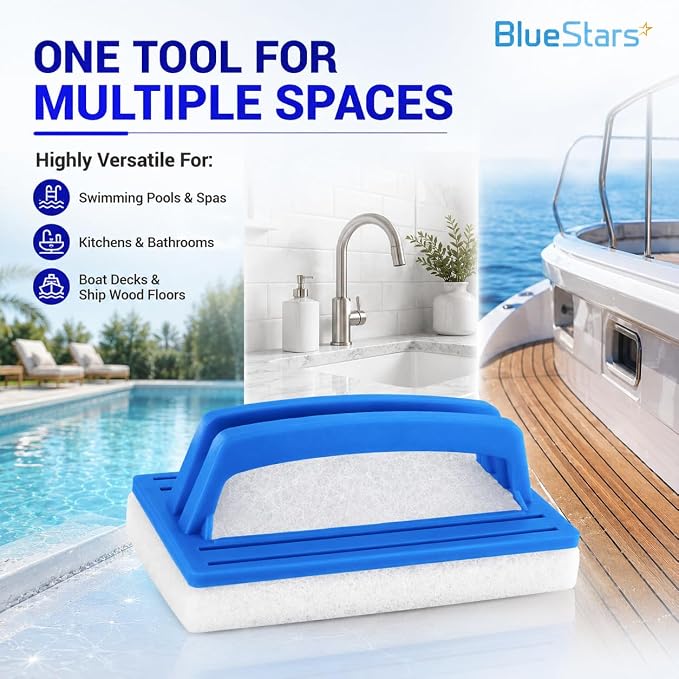 BlueStars 2-Pack Heavy Duty Handheld Sponge Pool Scrub Brush | Clean Pool Tile, Grout, Walls, Vinyl Liners, Spas, Tubs, Showers; Surface Cleaning Scrubber, Kitchen, Bathroom Tub