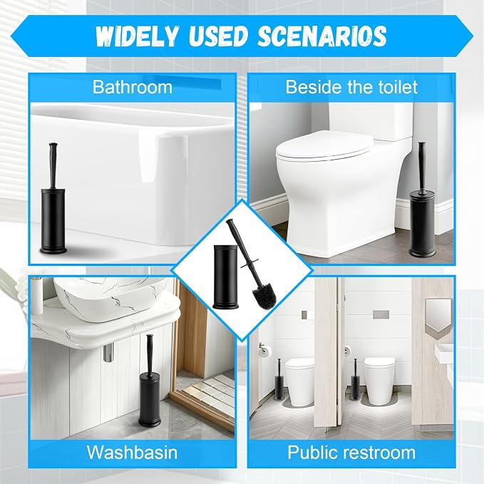 AONEZ Plastic Toilet Brush and Holder Set for Bathroom Cleaning, Black | Extra Long Handle; Splash Guard; Covered Holder; Hard Dense Bristles; Stable Base;