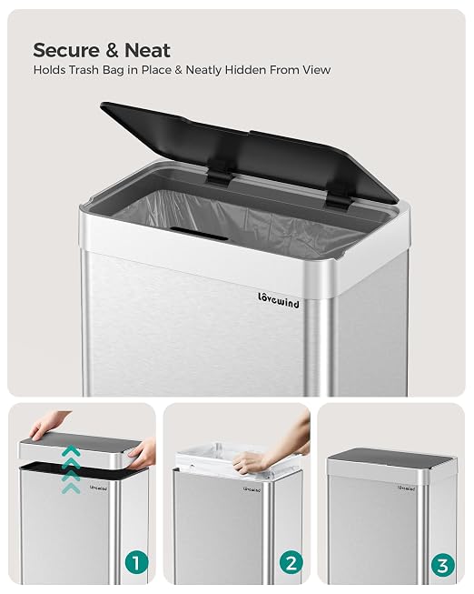 13 Gallon Automatic Kitchen Trash Can,Touchless Sensor Garbage Can,Silver | Built‑in 1500mAh Rechargeable Battery,Stainless Steel Motion Sensor Trash Can, Silent Close Lid Smart Trash Bin for Home