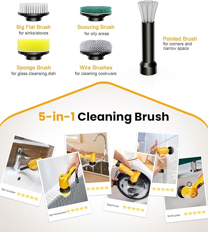 Electric Spin Scrubber Q4, 5000mAh Large Battery, 248-Min Runtime, 600RPM | Handheld Power Dish Scrubber with Display and 5 Brush Heads; Cordless Shower Cleaning Brush for Bathrooms, Sinks and Windows