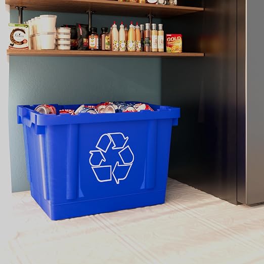 14 Gallon Rectangular Blue Recycling Bin | Inside Outside Curbside | Stackable Box for Paper Plastic