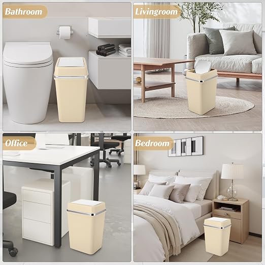 Bathroom Trash Can with Lid 4 Gallon Trash Can Beige Trash Can with Swing Lid Small Garbage Can with 150 Counts Trash Bags for Bathroom Bedroom Office Restroom Dorm