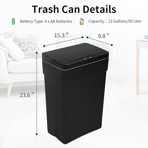 BLKMTY 13 Gallon Plastic Trash Can with Lid, Black, 50 Liters | Motion Sensor Garbage Can, for Kitchen, Home, Office, Bathroom