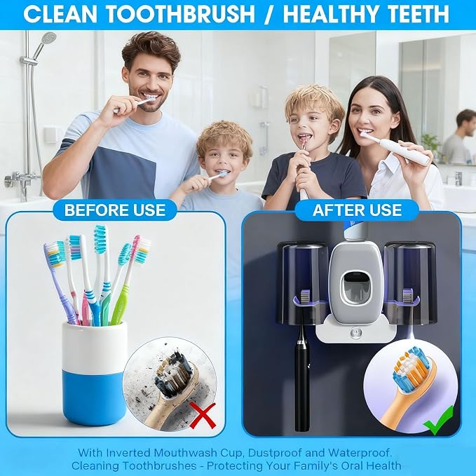 Rechargeable Toothbrush Holder,Wall Mounted Automatic Toothbrush Cleaning Tool with Toothpaste Dispenser & 2 Cups, No Drilling Bathroom Organizer for Family (White)