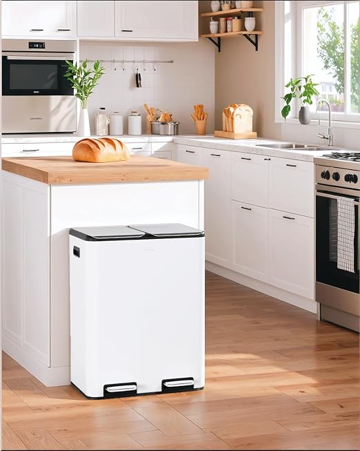 TLSUNNY 2 X 8 Gallon Double Compartments Kitchen Trash Can, Stainless Steel | Dual Trash and Recycling Bins with Odor Control, Soft-Close Lid, Removable Inner Bucket, Handle, Pedal, for Home, White