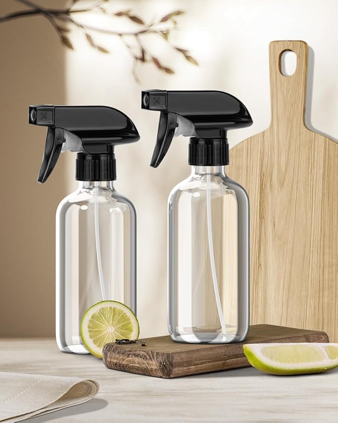 Bontip Glass Spray Bottle 8 oz for Cleaning, Plants (2 Pack, Transparent) | Refillable spray bottle Set, BPA-free eco glass, With labels and funnel, Great for cleaners, plant misting, hair care