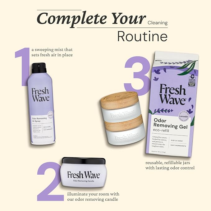 Fresh Wave Odor Removing Gel 2-Pack Glass Jar & 63oz Refill, Lavender | Refills 7oz gel up to 9 times or 15oz up to 4 times. Gel odor eliminator for bathroom, closet, or garage. No plug-in.