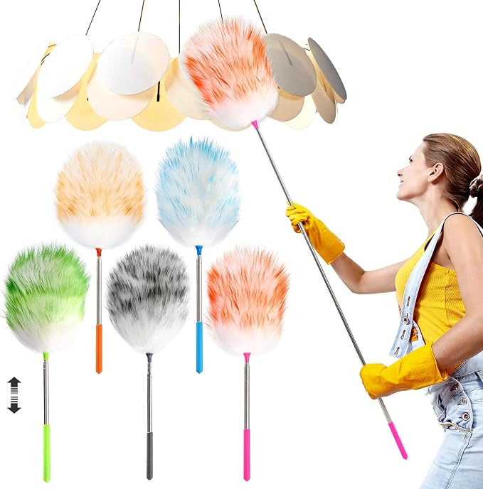 NEWONG 5 Pcs Extendable Lambswool Duster, 35-55'' Aluminum Handle | 5 Pcs set, 35-55 in reach, Natural lambswool head, Aluminum handle, Reusable for ceilings, fans and furniture