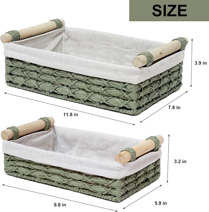 Storage Basket Wicker Baskets for Organizing with Handle Decorative Storage Bins for Countertop Toilet Paper Storage Basket for Toilet Tank Top Small Baskets Set (Set of 2,Green) | Toilet Paper Storage Basket for Bathroom Bedroom Home Farmhouse Decor,S...