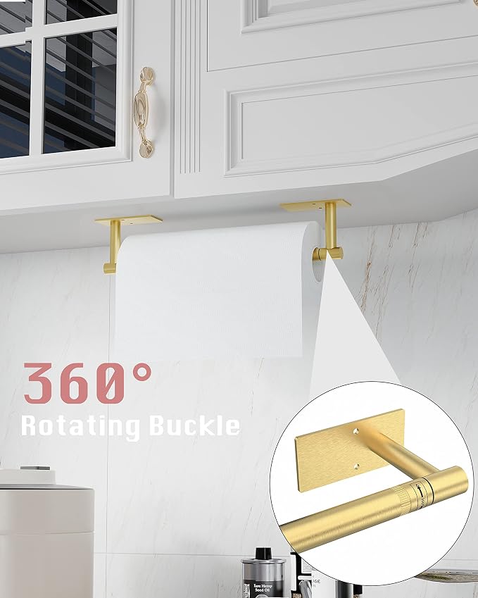 Gold Paper Towel Holder Under Cabinet Self Adhesive or Wall Mount | 304 Stainless Steel Post Pivoting Design No Drilling for Kitchen, Bathroom Waterproof & Rustproof, Square Base
