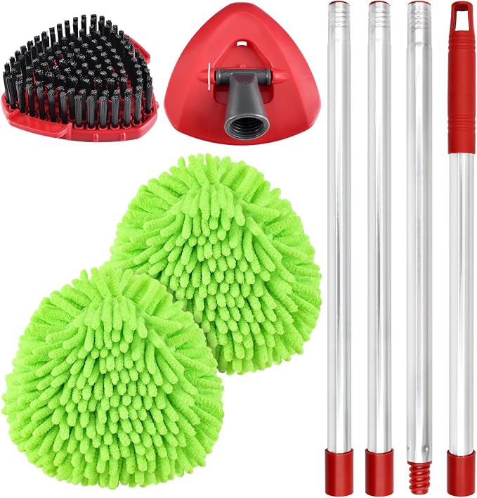 Chenille Mop Heads Scrubber Brush & Base Mop Replace Handle for O-Cedar RinseClean 2 Tank Spin Mop System Set Include 2 Chenille Mop Pads 1 Brush 1 Base and Stainless Steel Mop Handle (NO Bucket)