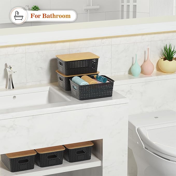 Ohmlove 6 Pack Plastic Storage Baskets with Bamboo Lids for Organization | Stackable Storage bins, Storages Baskets for Organizing Shelves Drawers Desktop Closet Playroom Classroom Office,Black