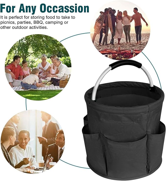 17L Collapsible Storage Bucket with Handle, Multi-Pocket Foldable Portable Picnic Caddy Outdoor Camping Organizer Tote for Housekeeping Car Wash Gardening Hiking Fishing, Black