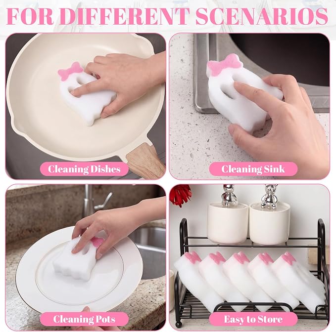 Tioncy 12 Pack Halloween Ghost Kitchen Sponges, White, Pink | Dual Sided Scrubber, Gothic Halloween Decor, Reusable Non Scratch Dishwashing, for Cookware Pot Boiler Pan Household