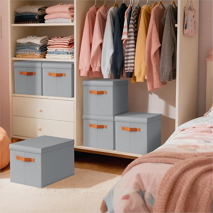 Storage Bins with Lids - Fabric Storage Baskets for Shelves, 8 Pack Foldable Decorative Boxes with Handles, Stackable Organizer Bins for Home, Nursery, Dorm, Grey