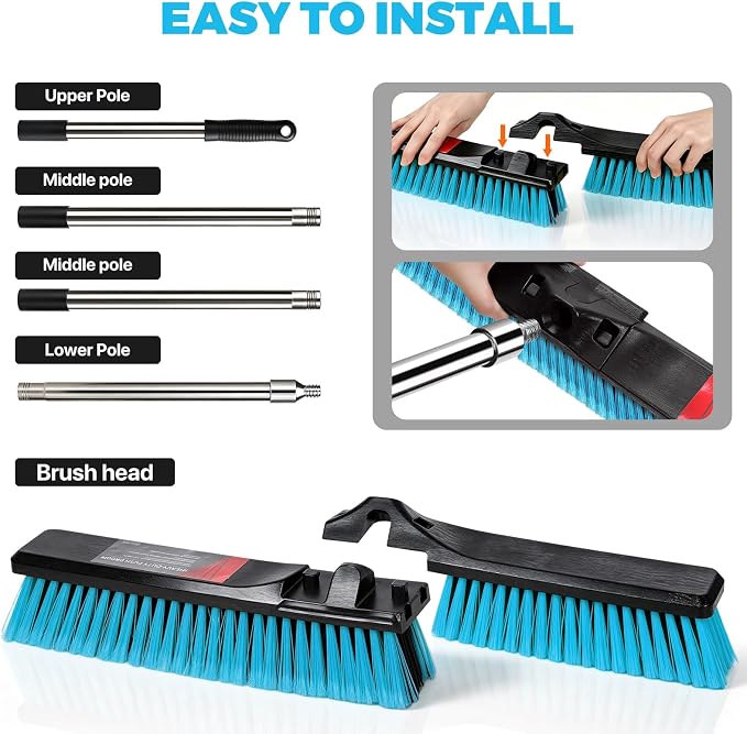 24" Push Broom Outdoor Heavy Duty, Commercial Push Broom for Cleaning, Blue | Industrial Broom with 55" Long Handle Stiff Bristles,Garden Brush Broom for Driveway Garage Yard Warehouse Floor Cleaning