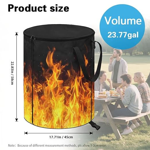 BIGCARJOB Collapsible Garbage Can Fire Print Trash Can Outdoor Waterproof Recycling Bin Storage Bag Holder Trash Bin with Lid and Clip, 22.83x17.71 in