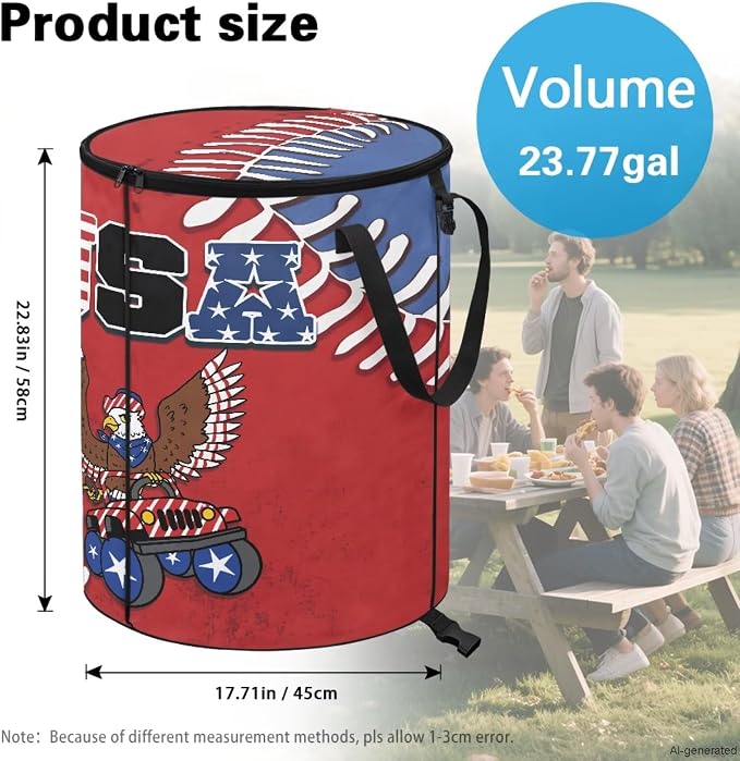 USA American Eagle Collapsible Trash Can 24 Gallon Foldable Garbage Bin with Lid, Waterproof Trash Bag Holder for Outdoor Camping, Patriotic Party Decor, Red White Blue Design