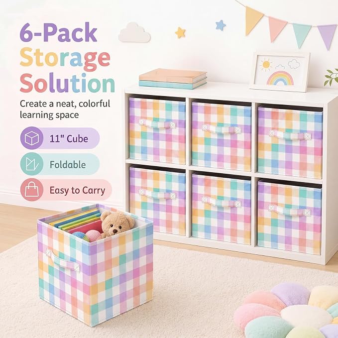 Chunful 6 Pcs 11 Inch Pastel Checked Fabric Storage Cube Bin Woven Foldable Gingham Storage Cube for Classroom Basket Bin Organizer with Handle Decor for Organizing Clothes, Toy, Book