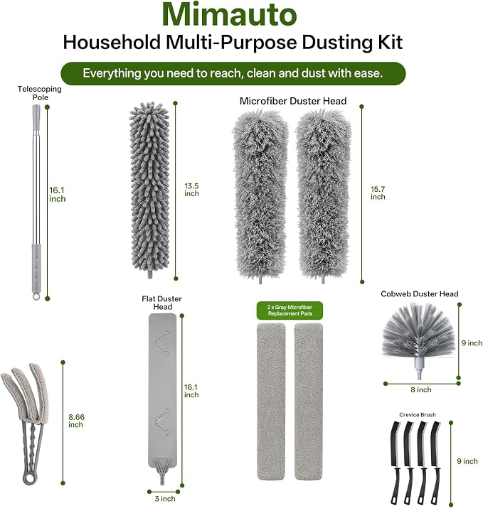 13-Piece Duster with Extension Pole, Cobweb Duster for High Ceiling | Spider web brush and flat gap cleaner for homes, apartments, fans, blinds, walls, furniture, cars and under appliances