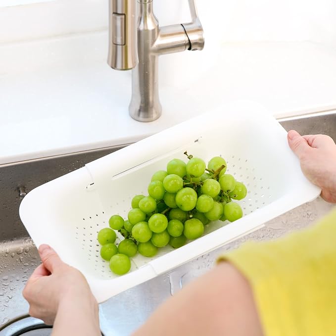Blue Ginkgo Over Sink Colander, Extendable Kitchen Strainer, White | Fits Most Sinks. Rinse, Drain and Dry with Ease.