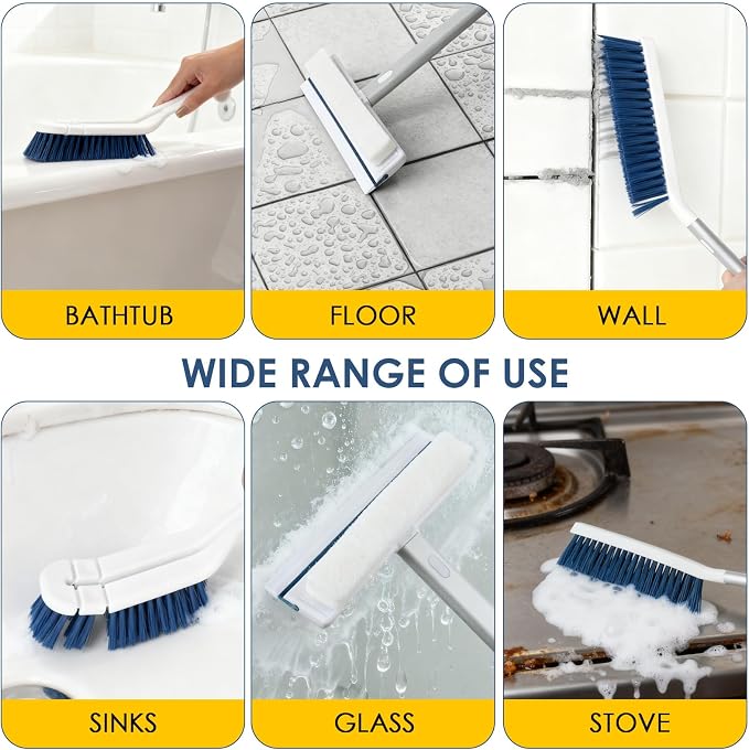 3 Pack Bathroom Shower Scrub Brush Set - Stiff Bristle Grout Cleaner Brush | 2-In-1 Detachable Shower Glass Squeegee with Replacement Sponges, Scrubbing Brushes for Cleaning Bathtub, Gaps, Tile, Sink