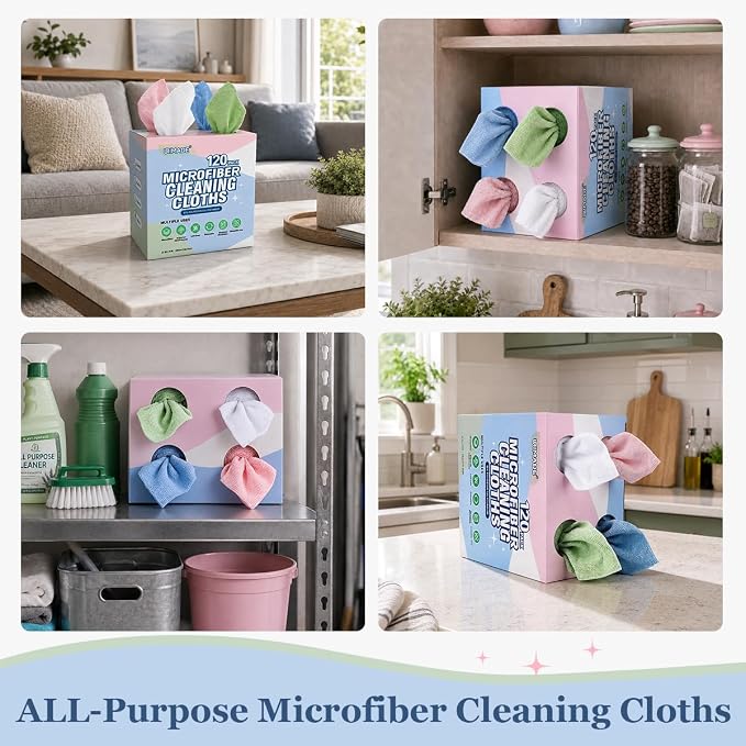 Microfiber Cleaning Cloth, 120 Pack Microfiber Towels for Cars | Reusable Paper Towels Lint Free Shop Rags with for Home Kitchen Automotive, 11"x 9", White & Green & Blue & Pink